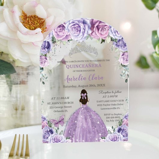 Quinceañera Sweet 16 Paarse Lila Bloemen Gown Arch Acryl Uitnodigingen