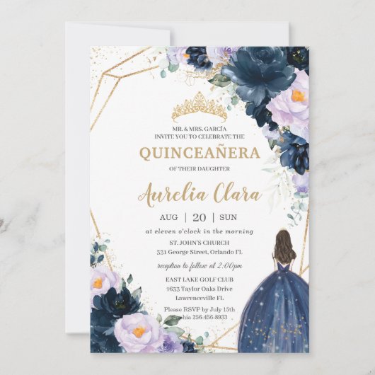 Quinceañera Sweet 16 Paarse Lila marine Blue Flora Kaart (Voorkant)