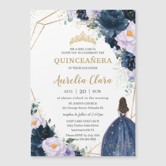 Quinceañera Sweet 16 Paarse Lila marine Blue Flora Magnetische Uitnodiging