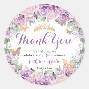 Quinceañera Sweet 16 Paarse Lila Roze Bloemen Goud Ronde Sticker