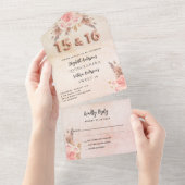 Quinceanera Sweet 16 pampas roos roze bloemen RSVP All In One Uitnodiging (Afscheurbaar)