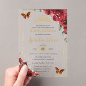 Quinceañera Sweet 16 Rode Bloemen Gouden Vlinders Acryl Uitnodigingen (Insitu (Draagbaar))