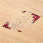 Quinceañera Sweet 16 Rode Bloemen Gouden Vlinders Acryl Uitnodigingen (Laagn)