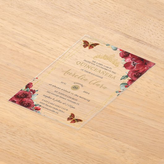 Quinceañera Sweet 16 Rode Bloemen Gouden Vlinders Acryl Uitnodigingen (Laagn)