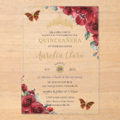 Quinceañera Sweet 16 Rode Bloemen Gouden Vlinders Acryl Uitnodigingen (Voorkant)
