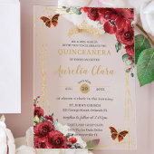 Quinceañera Sweet 16 Rode Bloemen Gouden Vlinders Acryl Uitnodigingen