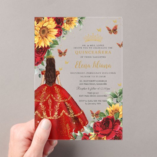 Quinceañera Sweet 16 Rode rozen Zonnebloemen Bloem Acryl Uitnodigingen (Insitu (Draagbaar))