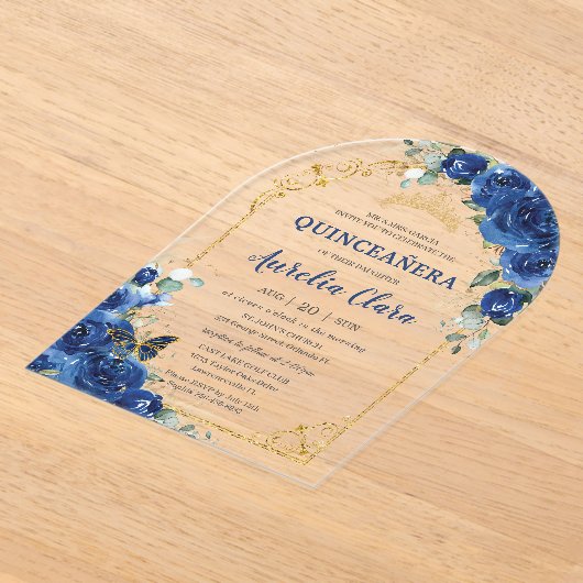 Quinceañera Sweet 16 Royal Blue Floral Arch Acryl Uitnodigingen (Laagn)