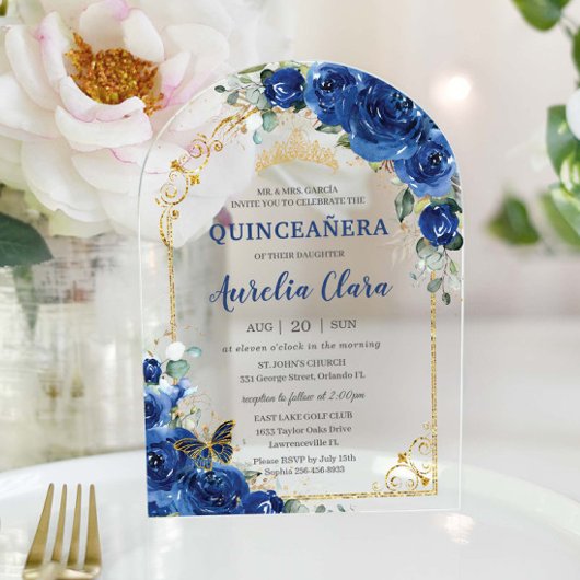 Quinceañera Sweet 16 Royal Blue Floral Arch Acryl Uitnodigingen