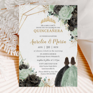 Quinceañera Sweet 16 Salie Groen Zwart Bloemen Twe Kaart