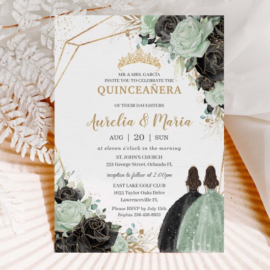 Quinceañera Sweet 16 Salie Groen Zwart Bloemen Twe Kaart