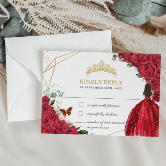 Quinceañera Sweet 16 Verjaardag Rode Rozen Bloemen RSVP Kaartje
