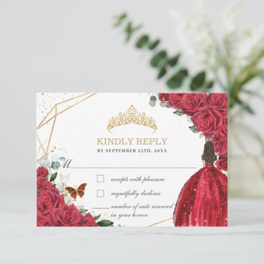 Quinceañera Sweet 16 Verjaardag Rode Rozen Bloemen RSVP Kaartje (Staand voorkant)