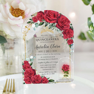 Quinceañera Sweet 16 XV Betoverde Rode Rozen Bloem Acryl Uitnodigingen