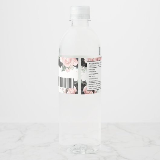 Quinceañera Sweet 16 Zwart Blush Bloemen Roos Goud Waterfles Etiket (Achterkant)