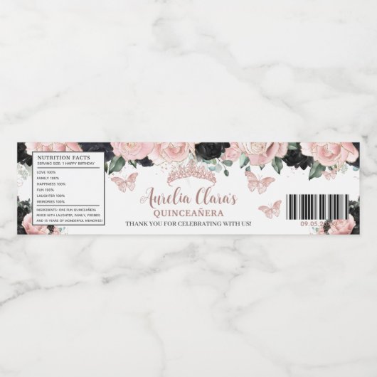 Quinceañera Sweet 16 Zwart Blush Bloemen Roos Goud Waterfles Etiket (Enkel label)