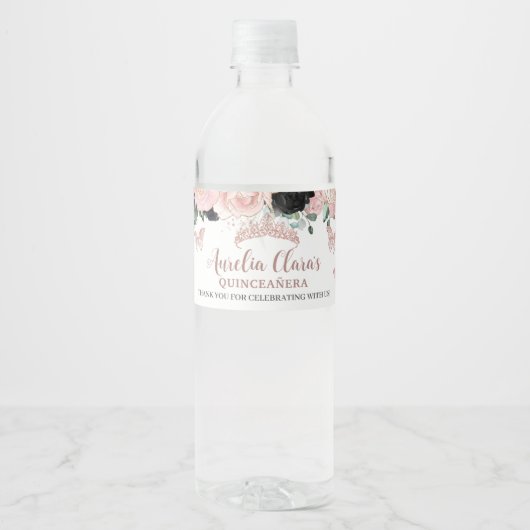 Quinceañera Sweet 16 Zwart Blush Bloemen Roos Goud Waterfles Etiket (Voorkant)