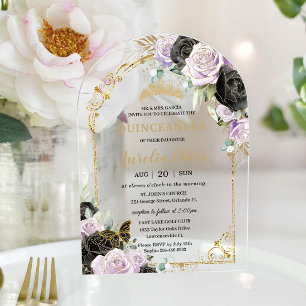 Quinceañera Sweet 16 Zwart Paarse Bloemen Gouden B Acryl Uitnodigingen