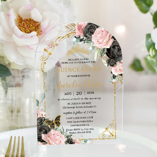 Quinceañera Sweet 16 Zwart Roze Bloemen Gouden Boo Acryl Uitnodigingen