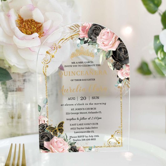 Quinceañera Sweet 16 Zwart Roze Bloemen Gouden Boo Acryl Uitnodigingen