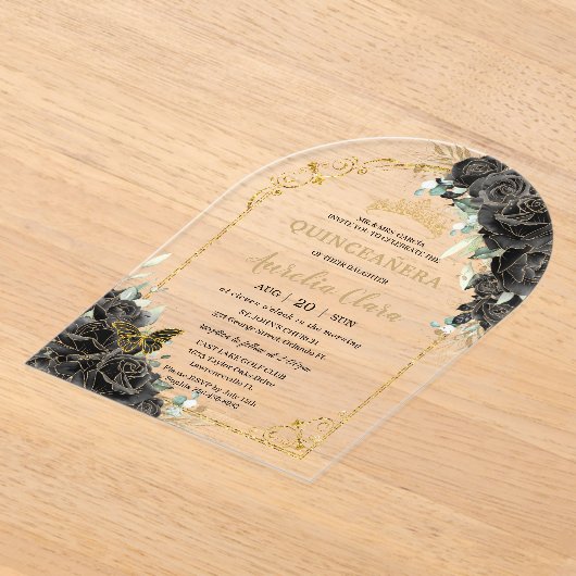 Quinceañera Sweet 16 Zwarte Rozen Floral Gold Arch Acryl Uitnodigingen (Laagn)