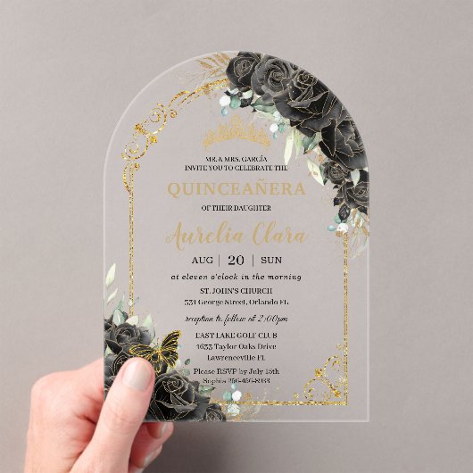 Quinceañera Sweet 16 Zwarte Rozen Floral Gold Arch Acryl Uitnodigingen (Insitu (Draagbaar))
