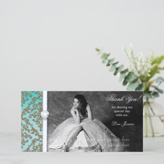 Quinceanera Sweet Sixteen Afstudeerder Damask-foto Bedankkaart (Staand voorkant)