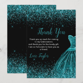Quinceanera Teal Blue Dress Faux Glitter Bedankkaart