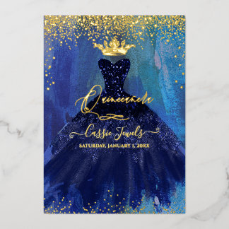 Quinceanera Teal Navy Blauwe Aquarel Jurk Folie Uitnodiging