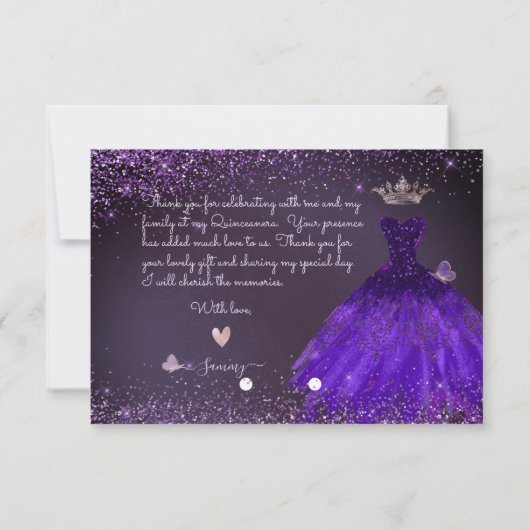 Quinceanera Thank You Ultra Violet Glitter   Kaart (Achterkant)