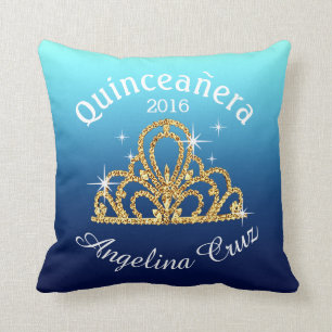 Quinceanera Tiara Bokeh Bling ombre blauw Kussen