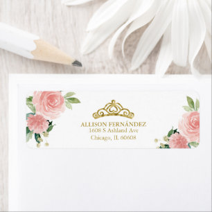 Quinceanera-tiara goud blozen roze bloemlabel etiket