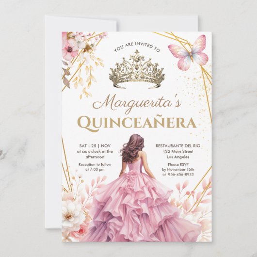 Quinceañera Tiara Meisje Roze Bloemen Vlinder Kaart (Voorkant)