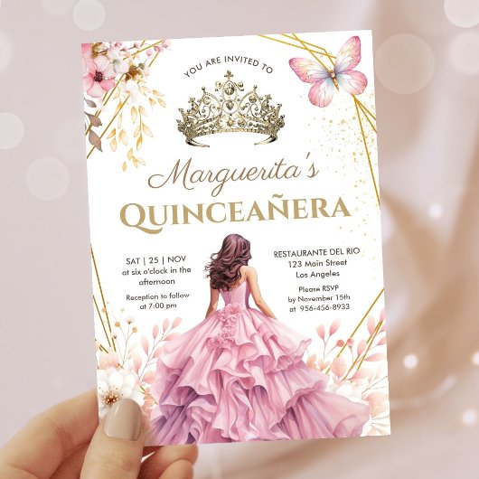 Quinceañera Tiara Meisje Roze Bloemen Vlinder Kaart