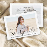 Quinceañera Trendy Script Chic Modern 2 Foto Save The Date<br><div class="desc">Deel het vreugdevolle nieuws van een aankomende Quinceañera-viering met chique 2-foto's en sla de uitnodigingen voor de datum op. De afbeeldingen en alle bewoordingen van deze sjabloon zijn eenvoudig te personaliseren. De kleuren, lettertypestijlen en dekking van de bedekking kunnen eenvoudig worden aangepast met de Zazzle Design Editor. Het moderne minimalistische...</div>