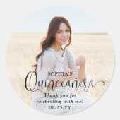 Quinceañera Trendy Zwart Script & Foto Dank u Ronde Sticker (Voorkant)
