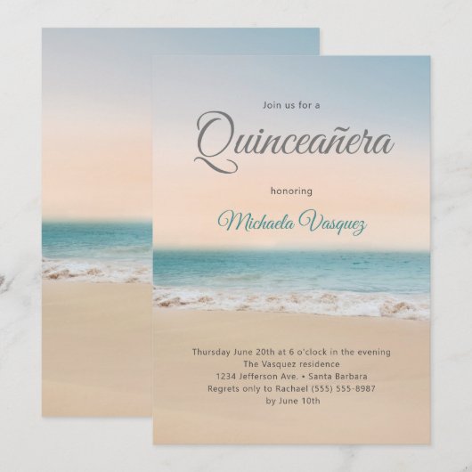 Quinceañera Tropical Beach Party Invitation Kaart (Voorkant / Achterkant)