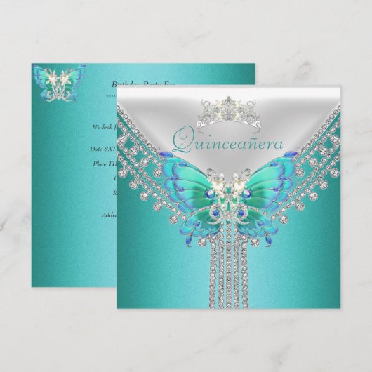 Quinceañera Turkoois Wit Vlinder Diamant Kaart (Voorkant / Achterkant)