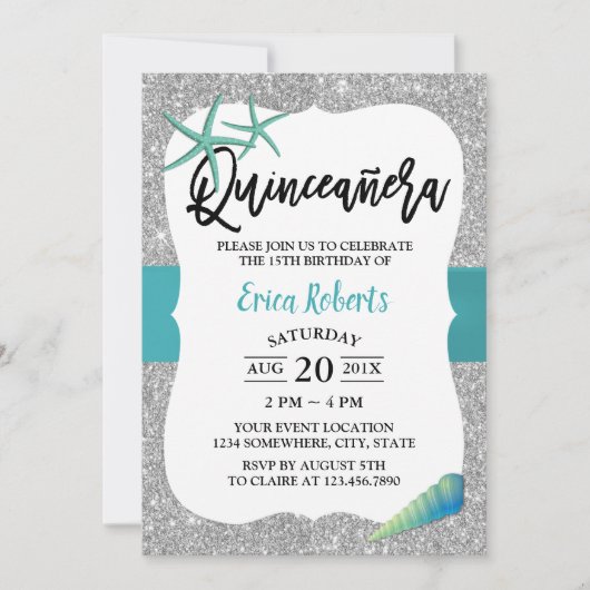 Quinceanera Turquoise Beach Starfish Modern Silver Kaart (Voorkant)
