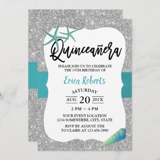 Quinceanera Turquoise Beach Starfish Modern Silver Kaart (Voorkant / Achterkant)