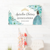 Quinceañera Turquoise Blauw Bloemen Prinses Welkom Spandoek (Insitu)