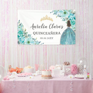 Quinceañera Turquoise Blauw Bloemen Prinses Welkom Spandoek