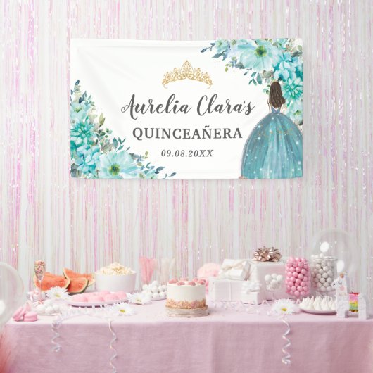 Quinceañera Turquoise Blauw Bloemen Prinses Welkom Spandoek (Feest)