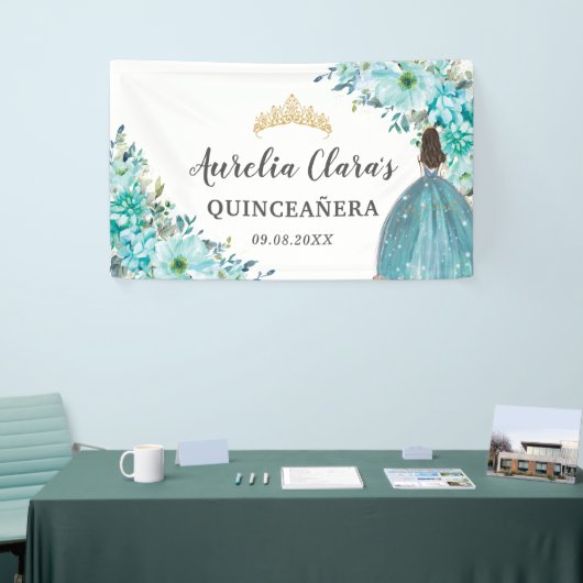 Quinceañera Turquoise Blauw Bloemen Prinses Welkom Spandoek (Beurs)