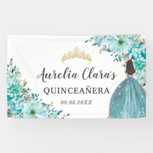 Quinceañera Turquoise Blauw Bloemen Prinses Welkom Spandoek (Horizontaal)