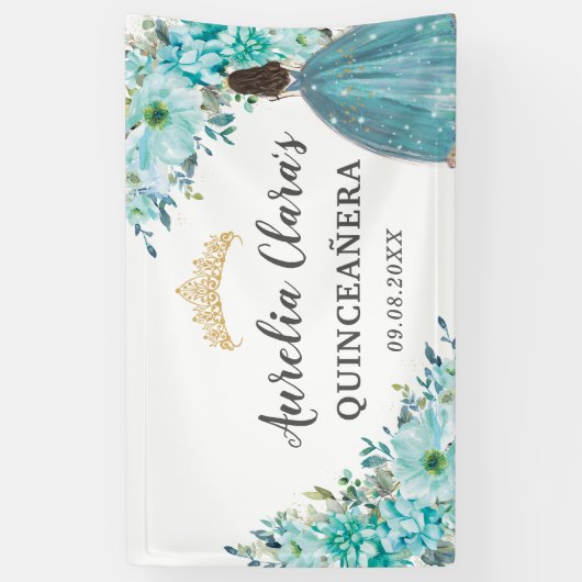 Quinceañera Turquoise Blauw Bloemen Prinses Welkom Spandoek (Verticaal)