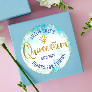 Quinceañera Turquoise Blauw Goud Folie Waterverf Ronde Sticker