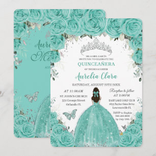 Quinceañera Turquoise Blauwe Bloemige Zilveren Pri Kaart