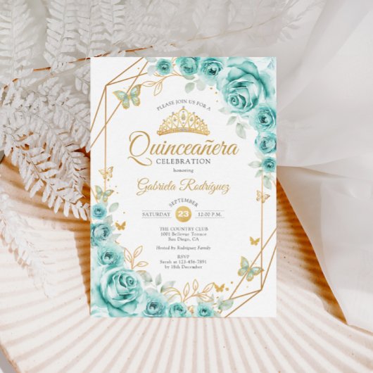 Quinceanera Turquoise Bloemen Goud Kaart