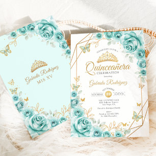Quinceanera Turquoise Bloemen Goud Kaart
